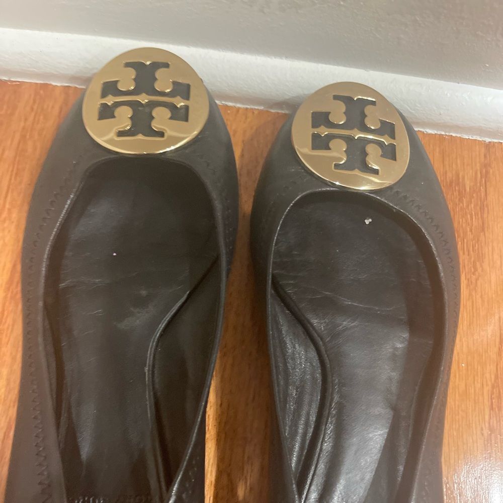 Tory Burch Black Leather Minnie Travel Ballet Flat Size 5